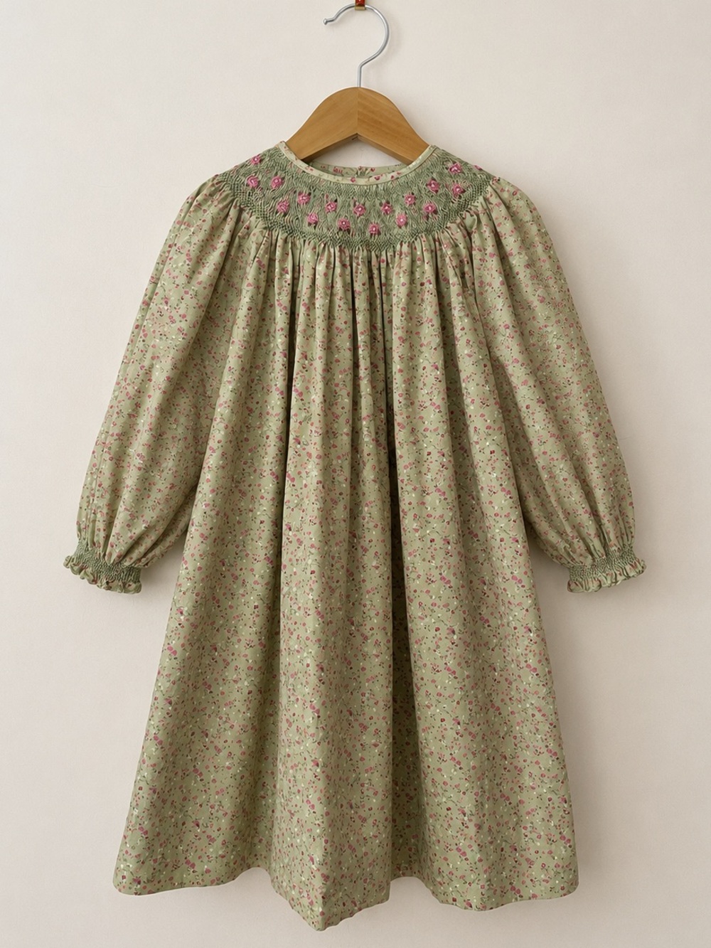 ORIENT EXPRESSED EUC Hand Smocked Sage Green Floral Heirloom Bishop Dress